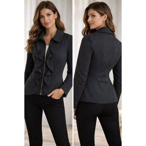 Tribal Black Ruffle Zip Jacket Size 12 Fully Lined Structured Blazer NWOT